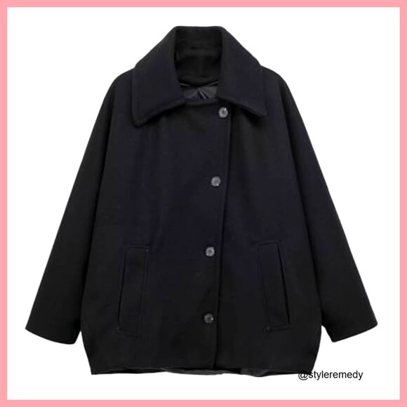 Winter Wool Pea Coat Single Breasted Oversized Overcoat Thermal - Picture 5 of 5